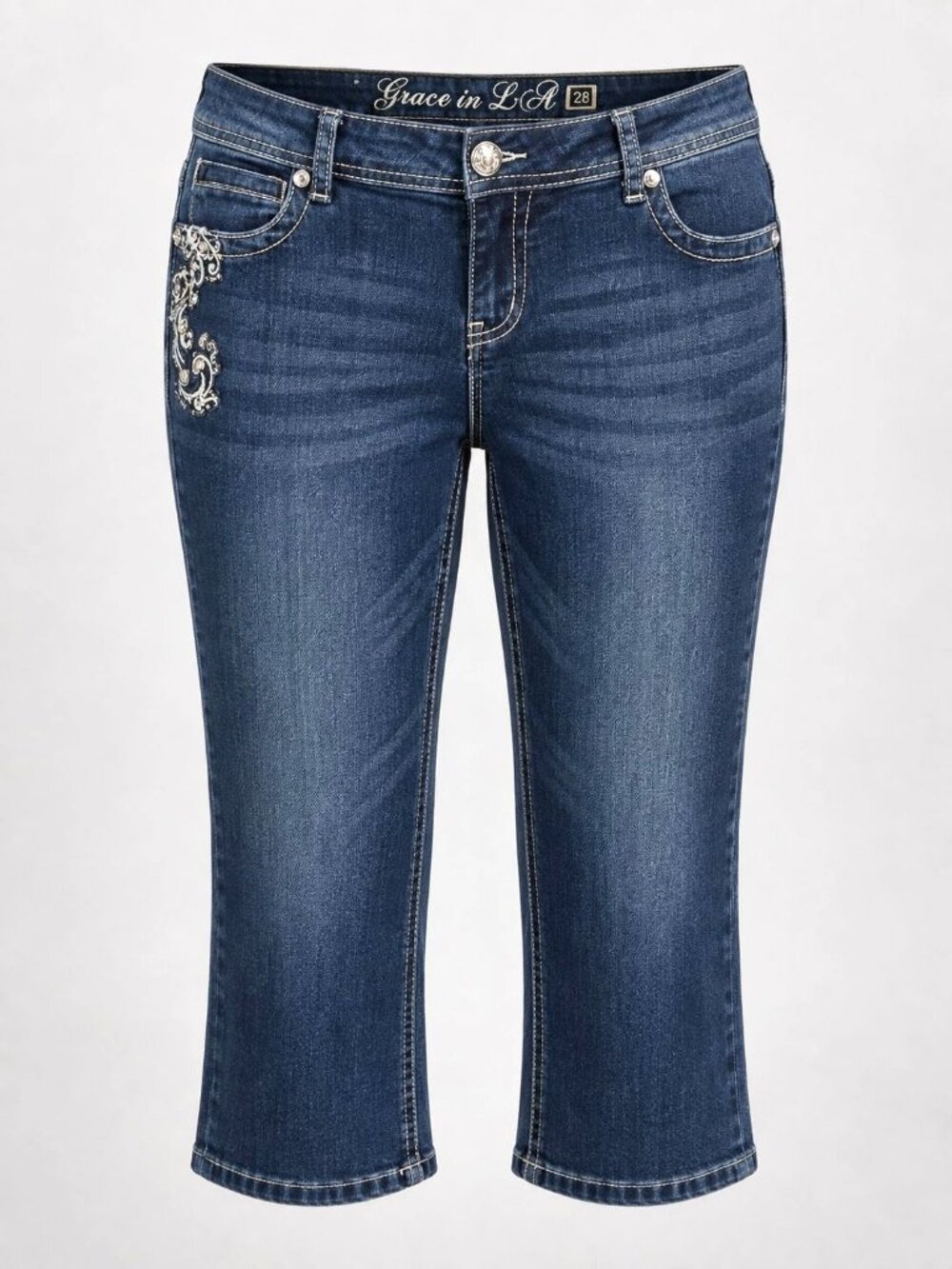 Grace In LA Embellished Womens 30 Denim Capri Blue Jeans Medium Wash Rhinestone
